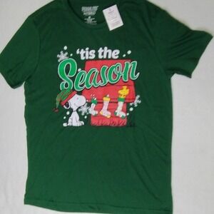 Peanuts 'Tis the Season Graphic Tee Holiday‎ Snoopy Woodstock Forest Green M
